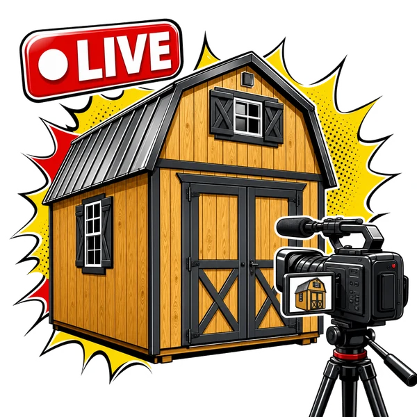 Shed with LIVE badge and camera