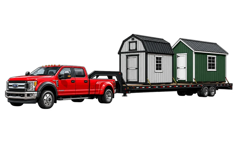 Pickup truck pulling a trailer loaded with sheds
